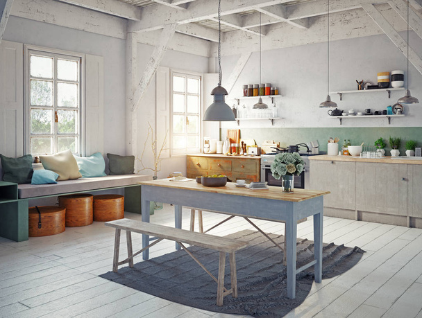 Vue d'angle de l'intérieur de la cuisine de style vintage avec table en bois au milieu et banc avec oreillers près des fenêtres
  - Photo, image