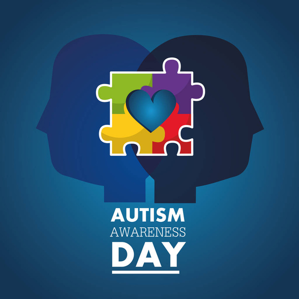 autismo conciencia día perfil cabezas con color del rompecabezas
 - Vector, imagen