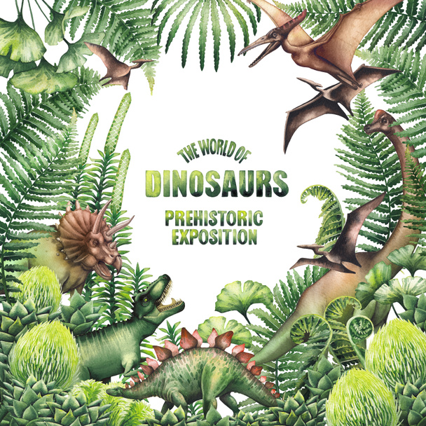 Дизайн акварелі з доісторичними рослинами та динозаврами
 - Фото, зображення