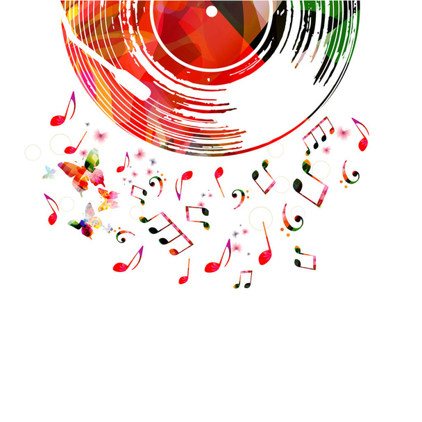 Colorful vinyl record and falling notes on white background - Vector, Image