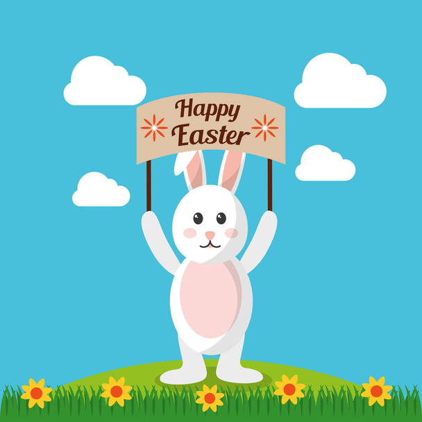 счастливый пасхальный кролик держит плакат с пейзажем
 - Вектор,изображение