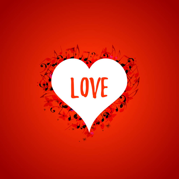 Białe serca słowo miłość i czarny notes wokół na czerwonym tle - Wektor, obraz