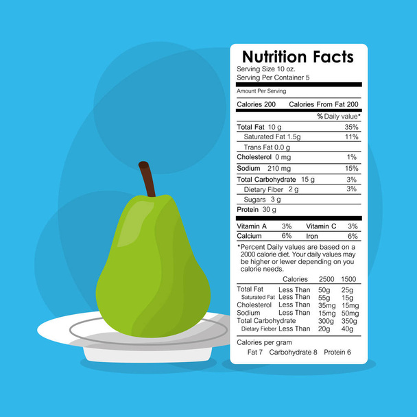 Nährwertfaktoren der Etikettierungsvorlage für Birnenfrüchte - Vektor, Bild