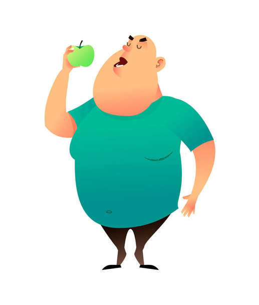 Grubas gryzie jabłko. Pożytecznych nawyków i zdrowe jedzenie koncepcja. Tłuszczowych facet marzy o utracie wagi i wybiera zdrowej diety. Zdrowy styl życia i styl życia prawidłowego odżywiania. - Wektor, obraz