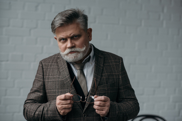 serious senior man in tweed suit looking at camera - Foto, afbeelding