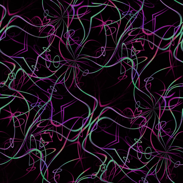 抽象的な幾何学的な暗い背景。複雑な波線と楕円パターンぼやけて黒地紫、紫、ミント グリーン. - 写真・画像