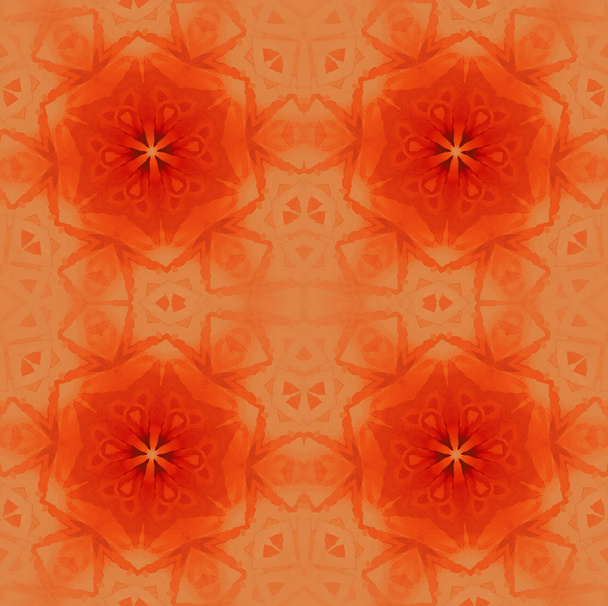 Fond géométrique abstrait. Ornements étoilés réguliers dans les tons orange et brun clair, ornés et rêveurs
. - Photo, image