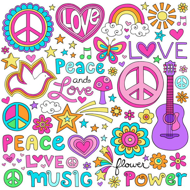 ειρήνη αγάπη και μουσική σημειωματάριο doodles διάνυσμα - Διάνυσμα, εικόνα