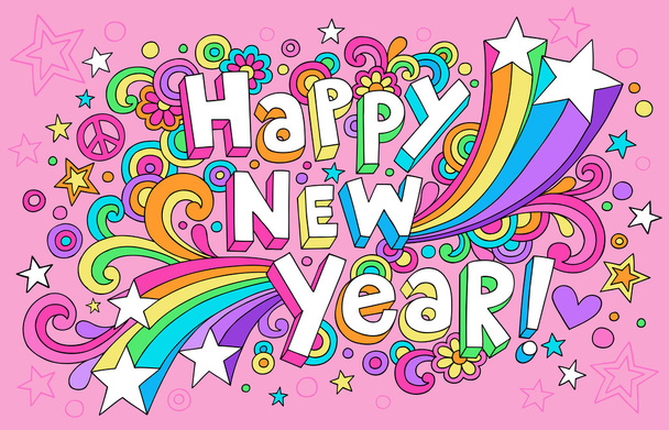 Ευτυχισμένο το νέο έτος σημειωματάριο doodles διανυσματικό σχέδιο καρτών - Διάνυσμα, εικόνα