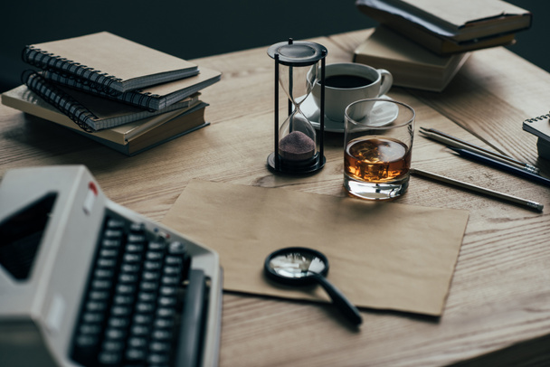 close-up shot of writer workplace with whiskey glass and typewriter - Photo, Image