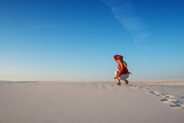 Modern young woman, blonde poses in the desert - Fotoğraf, Görsel