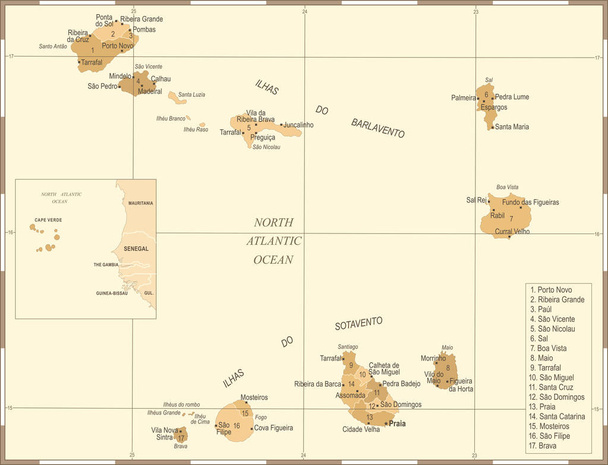 Kaart van Kaapverdië - Vintage gedetailleerde vectorillustratie - Vector, afbeelding