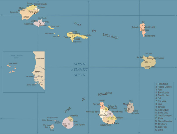 Kaart van Kaapverdië - Vintage gedetailleerde vectorillustratie - Vector, afbeelding