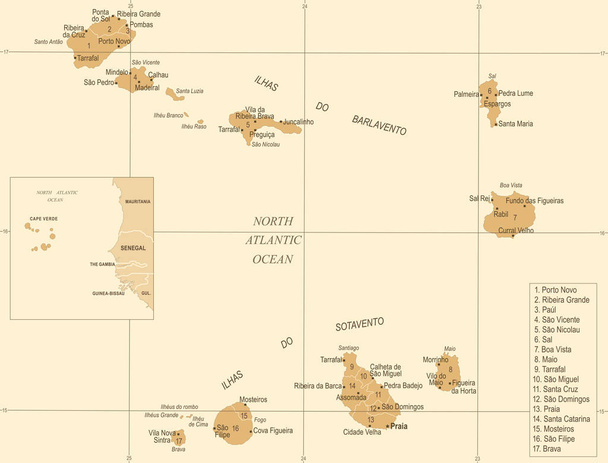 Mapa de Cabo Verde - Vintage ilustración vectorial detallada
 - Vector, Imagen