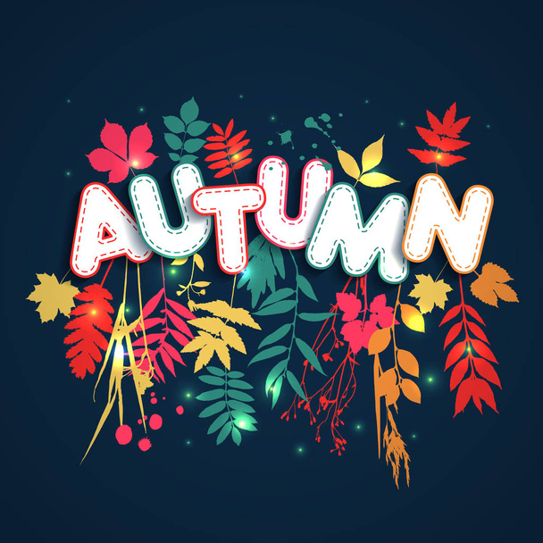Text autumn in paper style on multicolor background with autumn leaves. Hand drawn grunge blots elements. Fall style for autumn sale. - Vektor, Bild