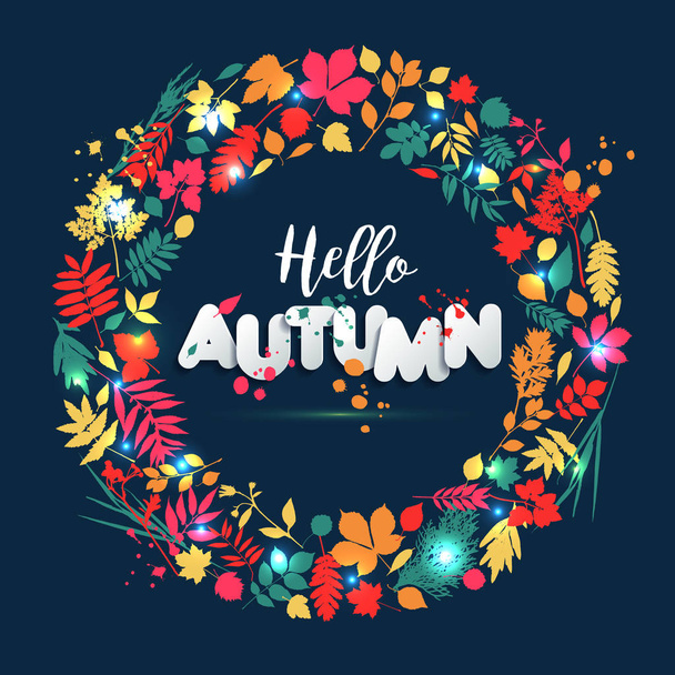 Text autumn in paper style on multicolor background with autumn leaves. Hand drawn grunge blots elements. Fall style for autumn sale. - Vector, Imagen