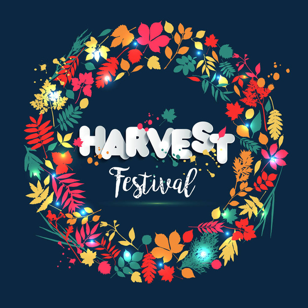 Text harvest festival in paper style on multicolor background with autumn leaves. Hand drawn grunge blots elements. Fall style for autumn festival. - Vector, Image