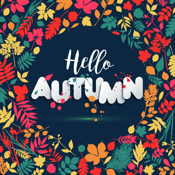 Text autumn in paper style on multicolor background with autumn leaves. Hand drawn grunge blots elements. Fall style for autumn sale. - Vektor, kép