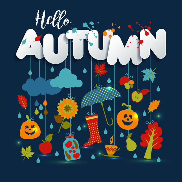 Autumn illustration with flat icons. Bright vector background about fall and paper style text. - Vector, Image