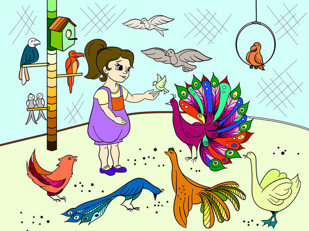 Дитячий мультяшний колір контактний зоопарк птахів. Книга зображень птахів. Орнітологія для дівчинки
 - Вектор, зображення