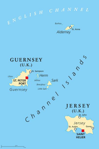 Guernsey ve Jersey, Kanal Adaları, siyasi harita - Vektör, Görsel