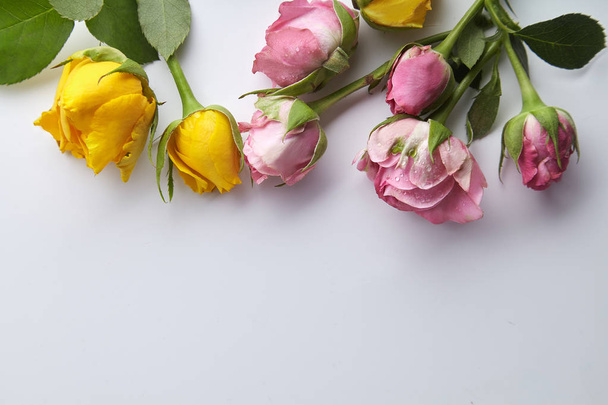 elegant feminine mockup with small spring roses on white background  - Фото, изображение