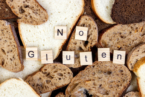 Kromki chleba i glutenu nie znak tekstu szczelnie-do góry - Zdjęcie, obraz