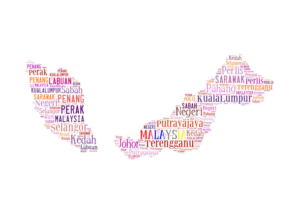 Μαλαισία χάρτη και λέξεις σύννεφο με μεγαλύτερες πόλεις - Φωτογραφία, εικόνα