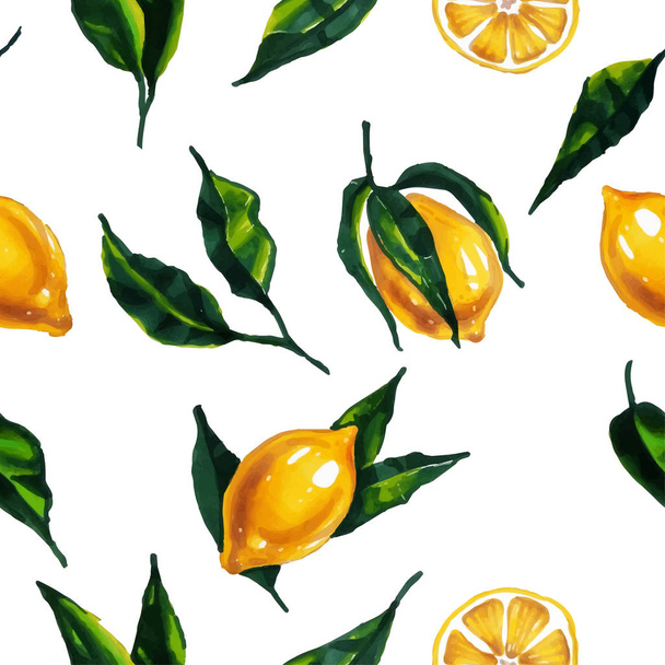 レモンの葉と水彩のシームレスなパターン。ベクトル図. - ベクター画像