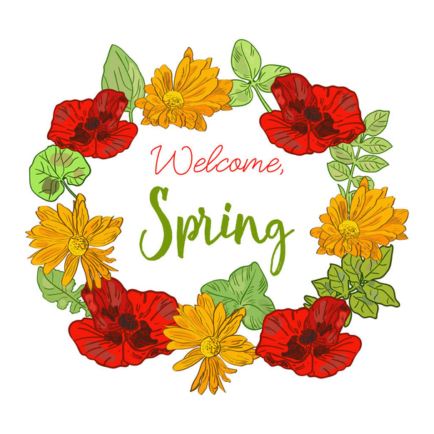 Spring template for poster, card, flyer, web with hand drawn wreath of flowers. - Vector, Image