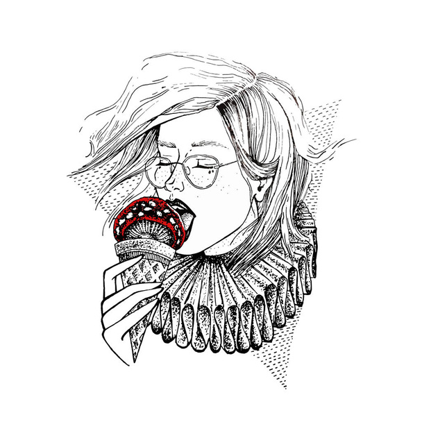 Hand drawn girl in glasses eat mushroom in view of icecream. Poison eat. Vector sketch illustration. Tattoo theme. - Vector, Image