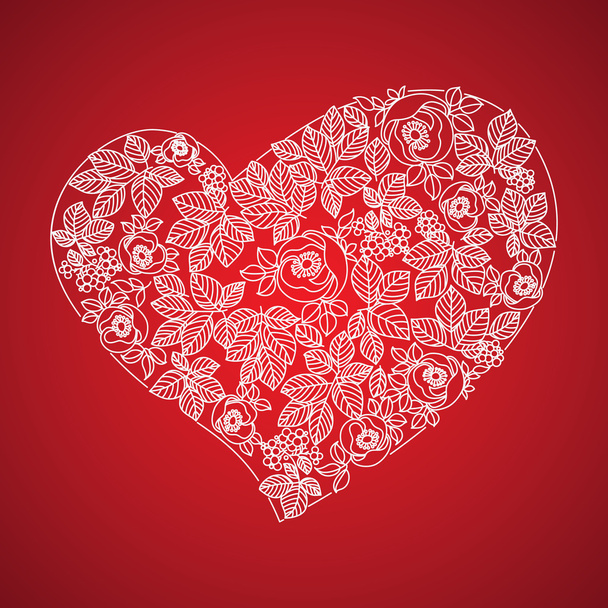 Red valentine heart in floral style isolated on background - Vector, Image