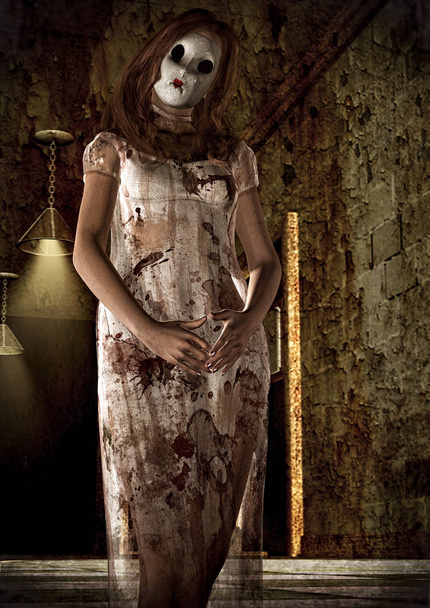 Porträt einer Pyscho-Mörderin mit Puppenmaske. - Foto, Bild