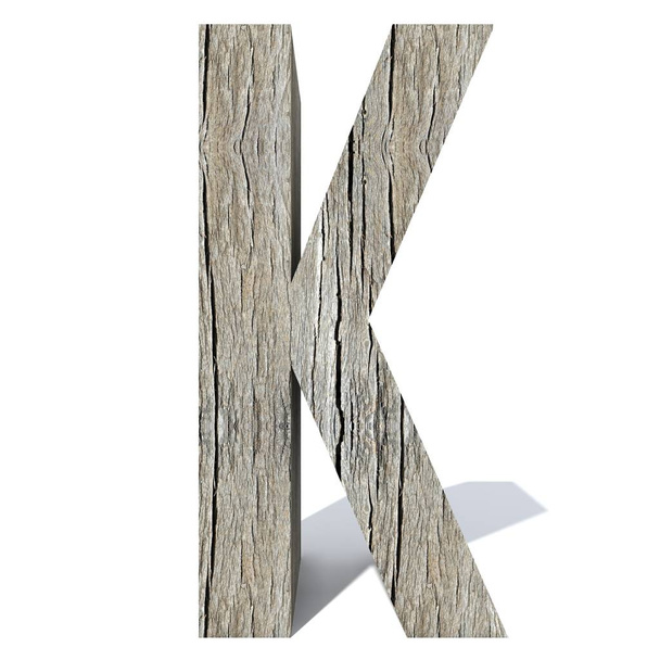 Madera conceptual o tipografía o tipo de madera, madera aserrada o pieza de la industria maderera aislada sobre fondo blanco. Vintage antigua letra hecha a mano k como ilustración 3D
 - Foto, imagen