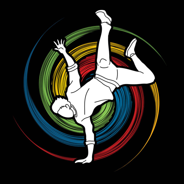 Utcai tánc, B-boys táncolni, Hip Hop tánc fellépés célja a spin-kerék háttér grafikus vektor - Vektor, kép