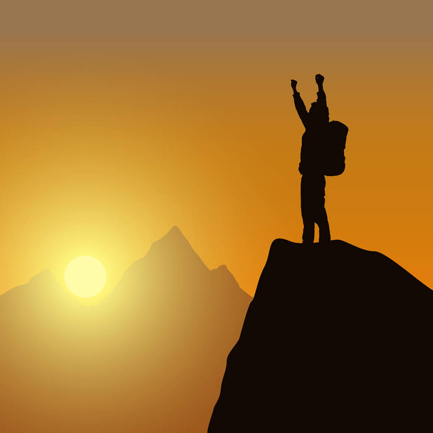 Ilustración vectorial de un paisaje de montaña con un turista en la cima de la roca celebrando el éxito con las manos levantadas
 - Vector, Imagen
