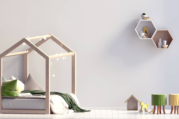 Interior of the childroom. sleeping place. 3d illustration. Mock - Photo, Image