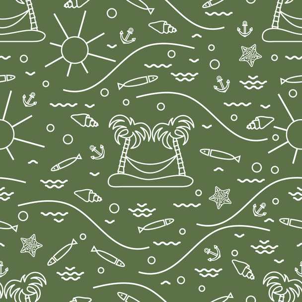 Cute seamless pattern with fish, island with palm trees and a ha - Vector, afbeelding