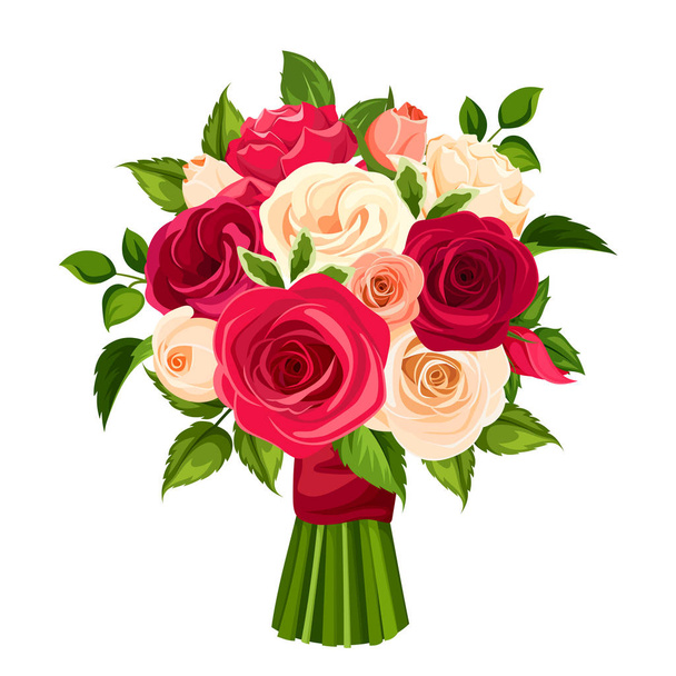 Vector bouquet of red, orange and white roses isolated on a white background. - Vektor, obrázek