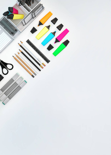 Modern workspace with stationery set on white color background. Top view. Flat lay. 3D illustration - Fotografie, Obrázek