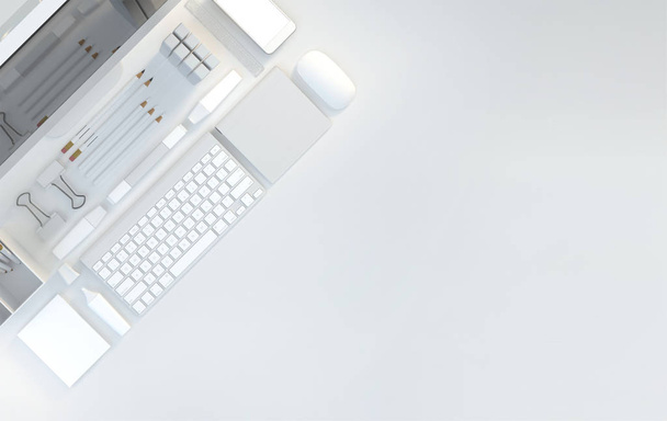 Σύγχρονο χώρο εργασίας με τον υπολογιστή και χαρτικά σε λευκό χρώμα φόντου. Το Top view. Επίπεδη θέσει. 3D απεικόνιση - Φωτογραφία, εικόνα