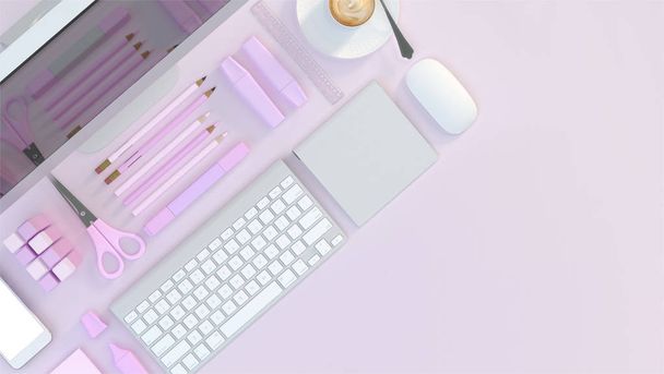 Σύγχρονο χώρο εργασίας με επιστολόχαρτο σε ροζ χρώμα φόντου. Το Top view. Επίπεδη θέσει. 3D απεικόνιση - Φωτογραφία, εικόνα