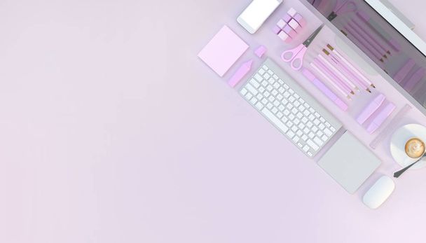 Modern workspace with computer and stationery set on pink color background. Top view. Flat lay. 3D illustration - Photo, Image
