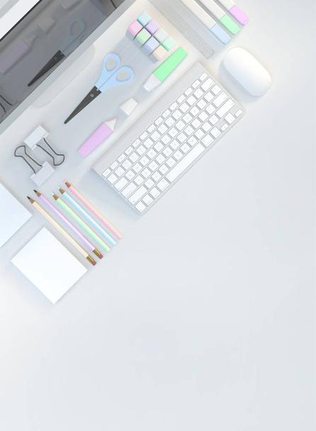 Espacio de trabajo moderno con papelería sobre fondo de color blanco. Vista superior. Acostado. Ilustración 3D
 - Foto, Imagen