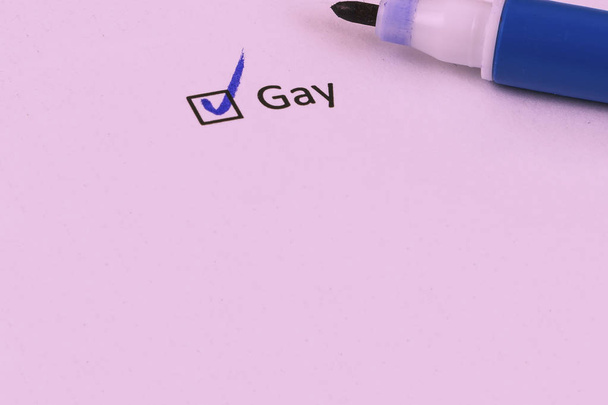Questionário, sondagem. Caixa de verificação com um marcador e a inscrição: GAY on white paper
 - Foto, Imagem