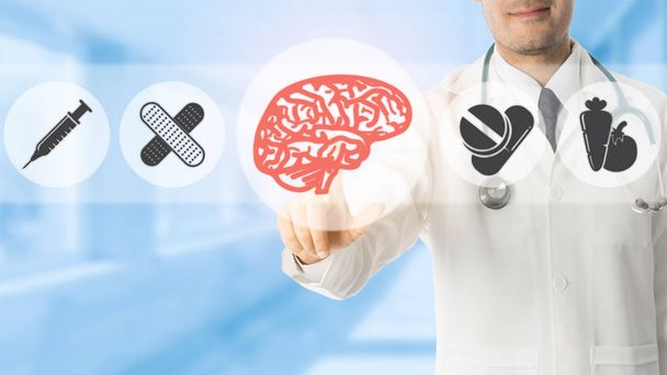 Psychologe Arzt zeigt auf Gehirn-Symbol - Foto, Bild