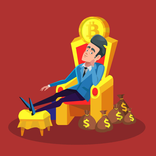 Rico empresario exitoso sentado en el trono con Bitcoin y pilas de dinero. Concepto de mercado criptomoneda
 - Vector, imagen