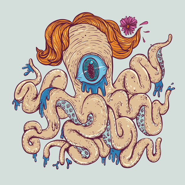 Illustration vectorielle de style graffiti d'un monstre pieuvre, personnages s'unissant au chaos
. - Vecteur, image