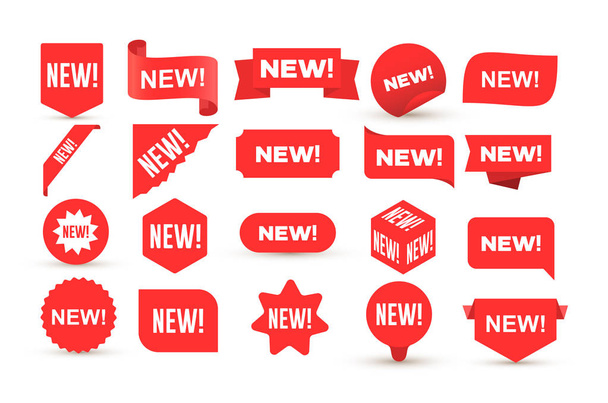 Set of new sticker. Badges with word new. Red promotion labels for arrivals shop section. Flat style cartoon. Vector illustration. Isolated on white background - Vector, Image