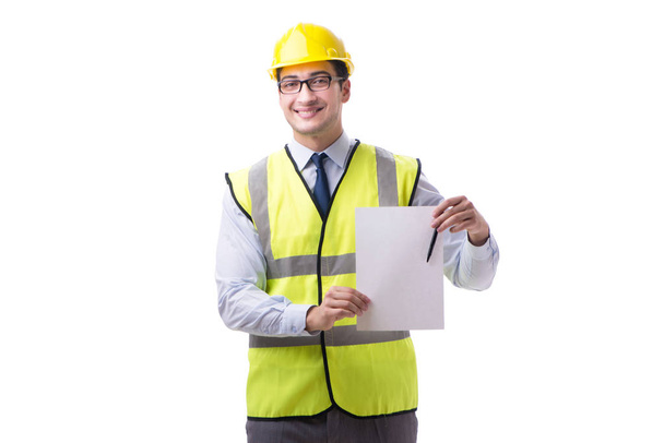 Construction supervisor with blank sheet isolated on white backg - Foto, afbeelding